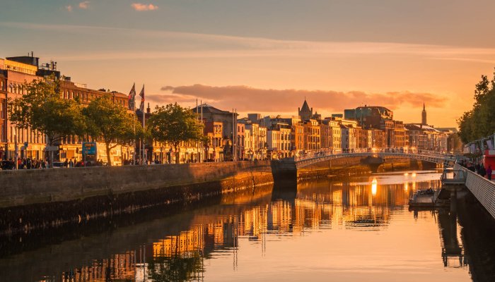 Beautiful golden hour view over dublin city center in dublin ireland University College Dublin